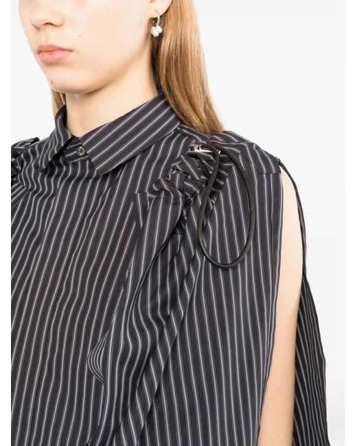 Sacai Black Blouse À Fines Rayures Et Volants