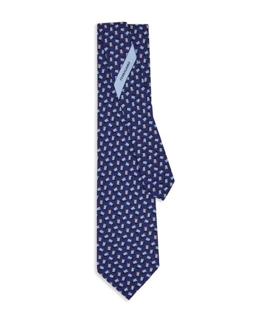 Ferragamo Blue Teddy Bear-print Silk Tie for men