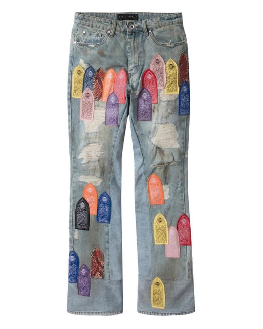 メンズ Who Decides War Patch Arched Repaired Jeans Blue