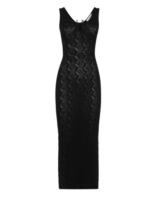 Philipp Plein Black Viscose Long Dress Monogram