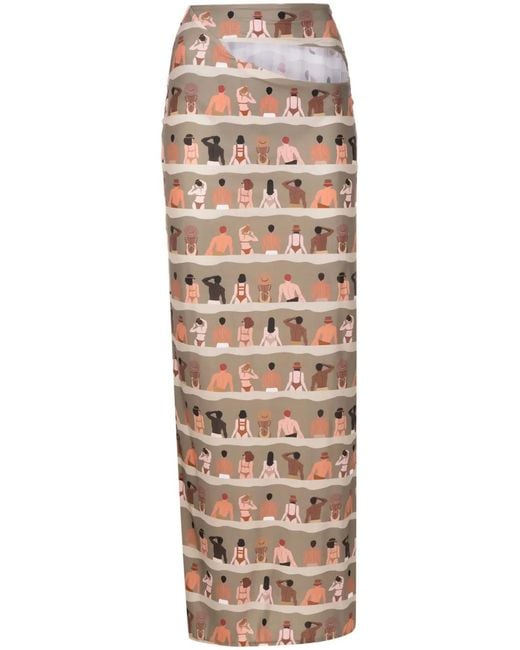 Amir Slama Natural Swimmer-Print Cut-Out Maxi Skirt