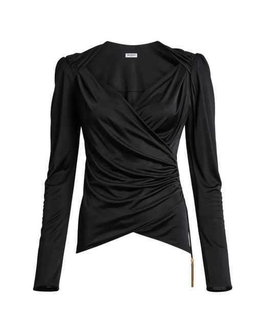 Balmain Black Draped Flowing Jersey Top