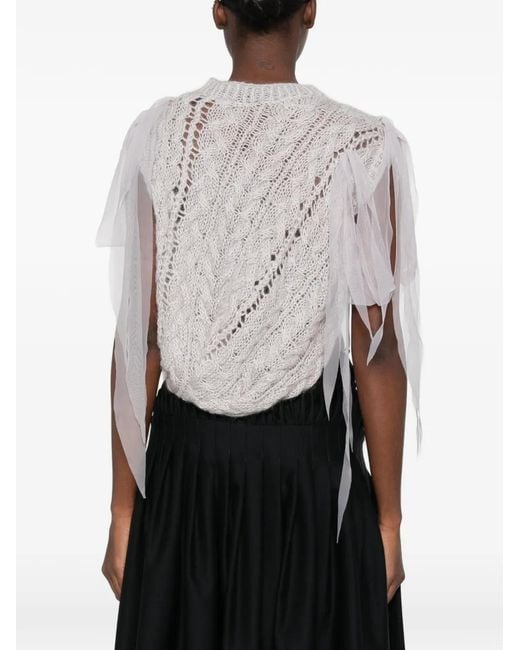 PAULINE DUJANCOURT White Cable-Knit Tulle-Trimmed Top
