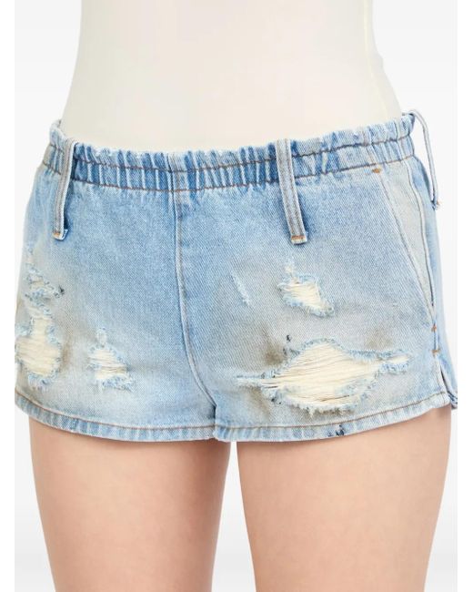 MM6 by Maison Margiela Blue Used-Effect Cotton Denim Shorts With Elastic Waistband