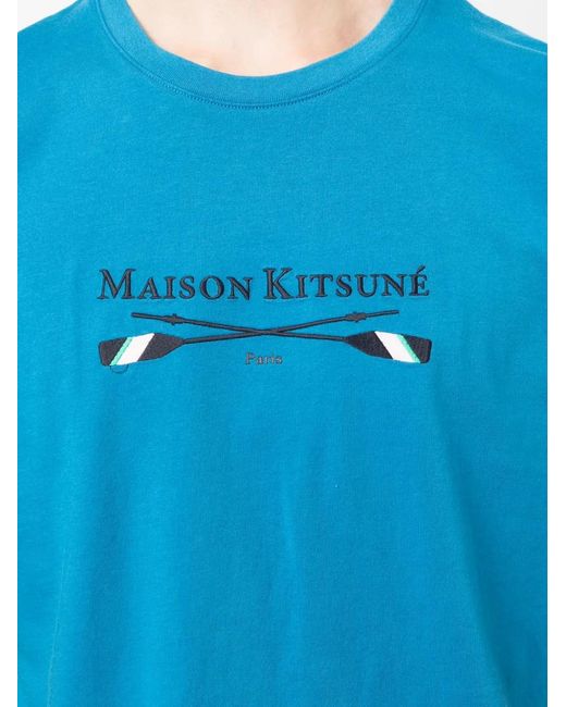 Maison Kitsuné Blue Logo-Embroidered Cotton T-Shirt for men