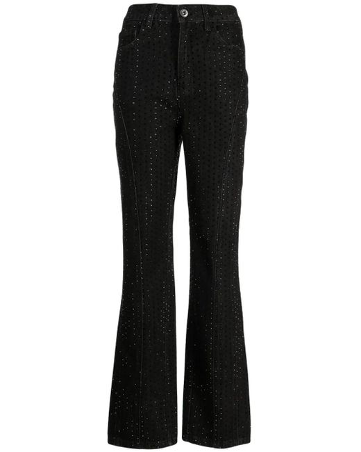 Self-Portrait Black Mid-Rise Embellished Flared Jeans