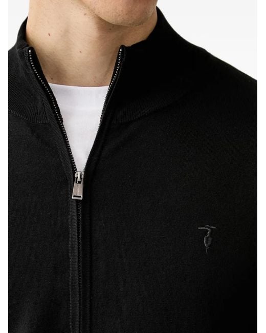 Trussardi Black Zip-Up Embroidered-Logo Cardigan for men