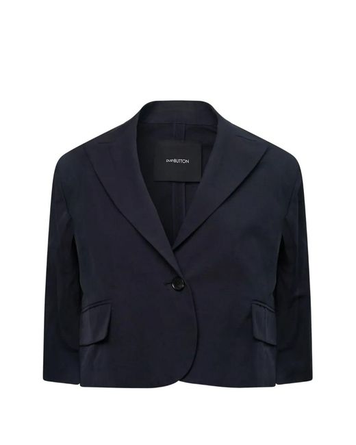 Pushbutton Blue Flap-Pocket Cropped Blazer