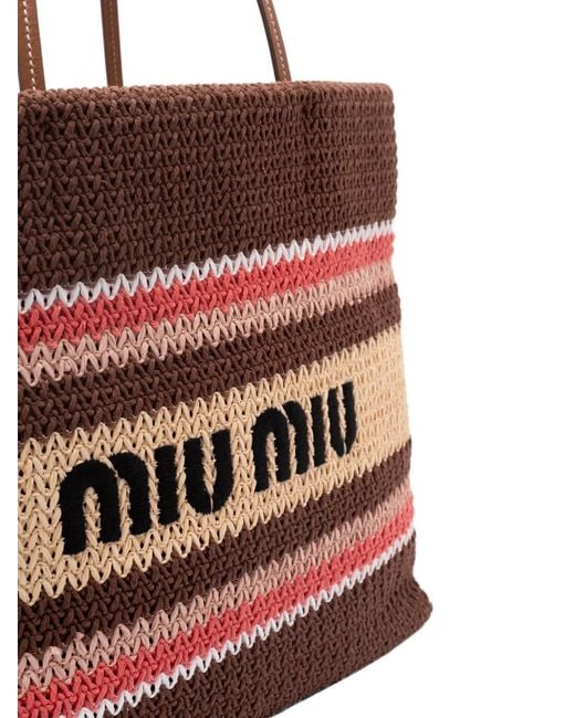 Miu Miu Red Raffia-Effect Woven Tote Bag