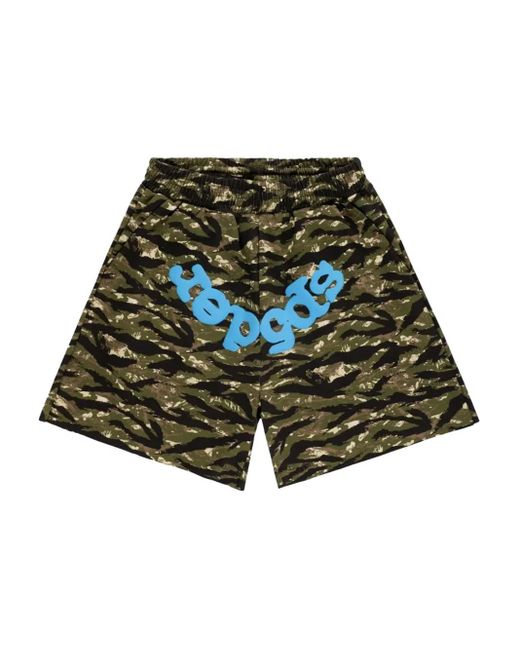 Sp5der Green Tiger Camo Logo Track Shorts for men