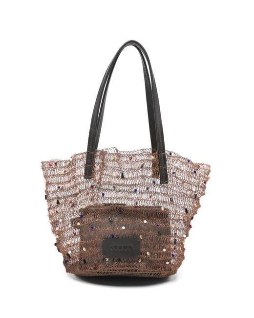 Staud Brown Jewel Beaded Tote Bag