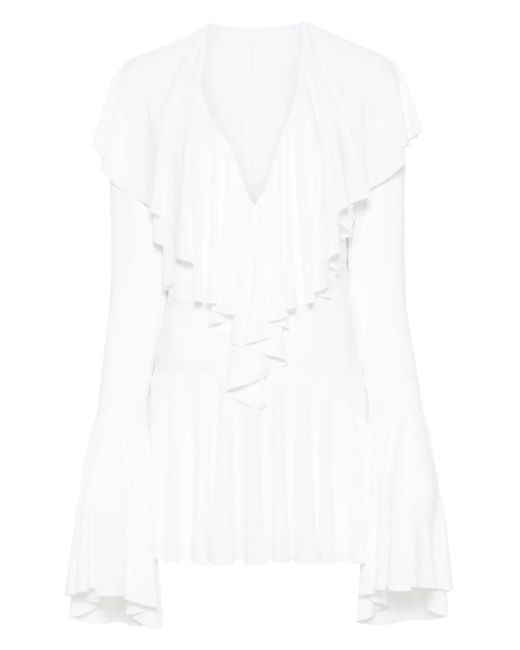 Norma Kamali White Long-Sleeve Deep V-Neck Mini Dress