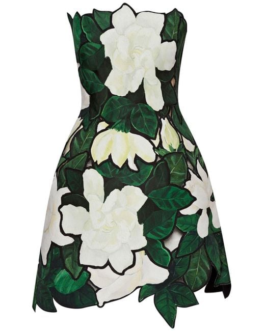 Oscar de la Renta Green Gardenia Faille Embroidered Minidress