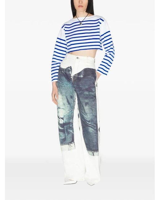 Jean Paul Gaultier Blue Long-Sleeve Stripe-Pattern Crop Top