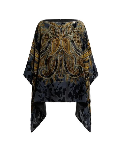 Etro Black Burnout Velvet Poncho Top With Placed Paisley Print