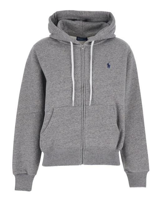 Polo Ralph Lauren Gray Sweatshirt With Drawstring Hood And Pony Embroidery On The Front