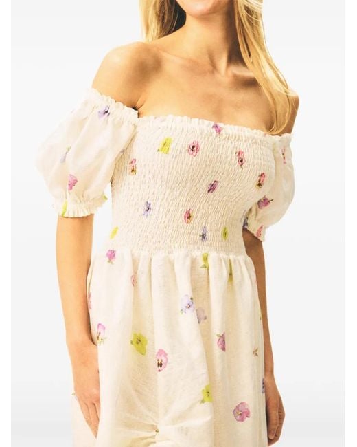 Sleeper White Belle Floral-Print Smocked Linen Midi Dress