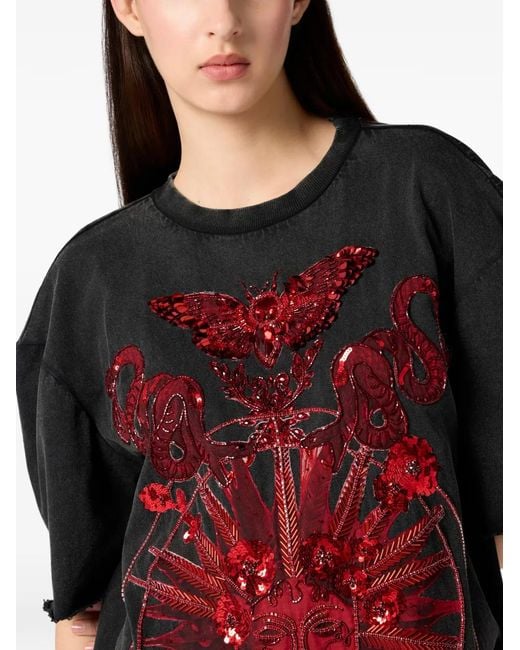 Philipp Plein Red Mini Open-Back Front-Sequin Dress