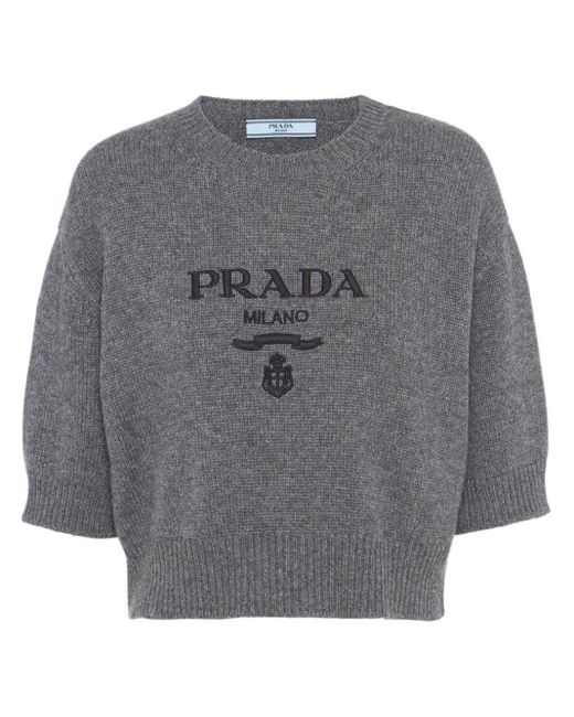 Prada Gray Logo-intarsia Cropped Wool Jumper
