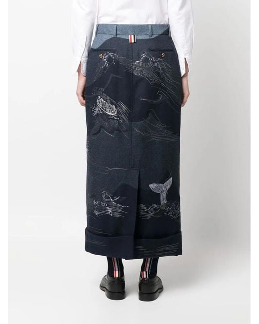Thom Browne Blue Contrasting-Stitch Detail Midi Skirt