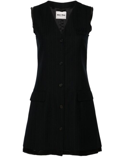 Miu Miu Gestreepte Midi-jurk Met Geborduurd Logo in het Black