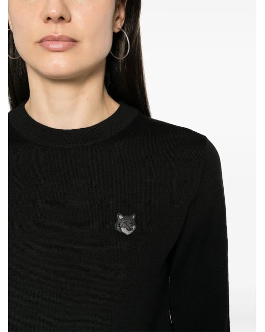 Maison Kitsuné Black Fitted Long-Sleeve Wool Sweater With Embroidered Emblem