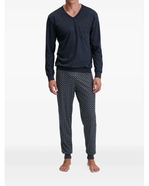 Calida Blue Chest-Pocket Patterned Pajama Set for men