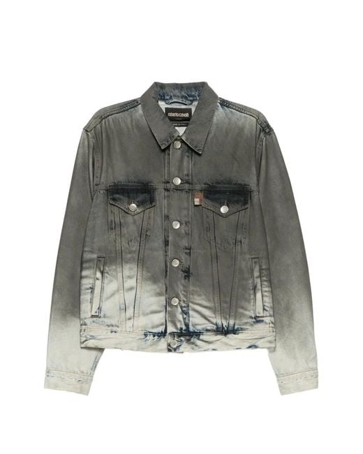 Roberto Cavalli Gray Embroidered Denim Tucker Jacket for men