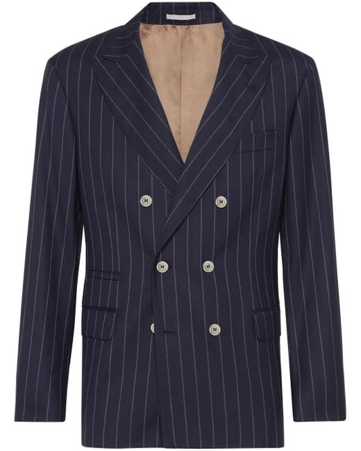 Brunello Cucinelli Blue Pinstripe-Print Double-Breasted Blazer for men