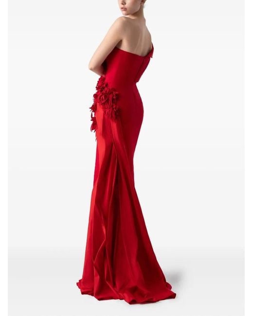 Gaby Charbachy Red Ruffle-Detail Side-Split Evening Gown