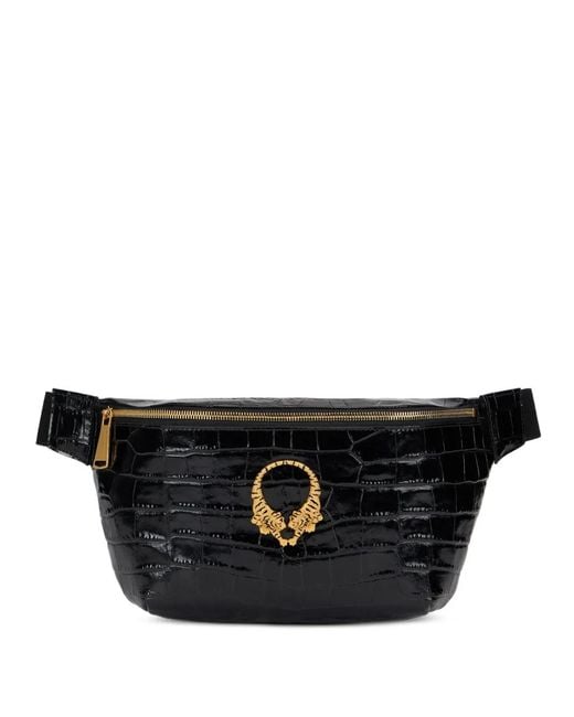 Roberto Cavalli Black Croc-Effect Tiger-Plaque Belt Bag for men