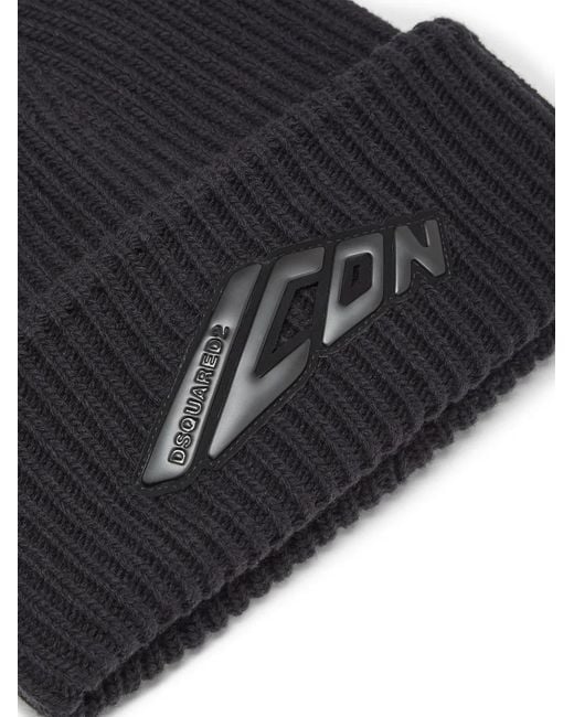 DSquared² Black Icon Ribbed-Knit Beanie for men