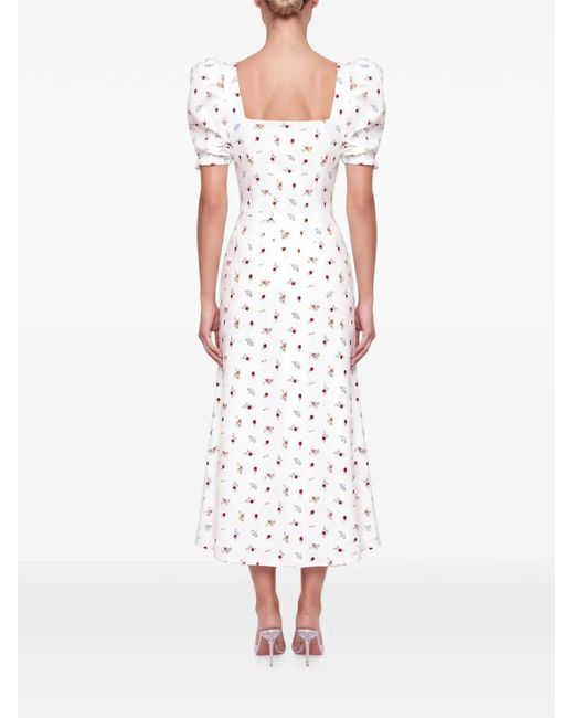POST MERIDIEM White Floral-Print Puff-Sleeve Midi Dress