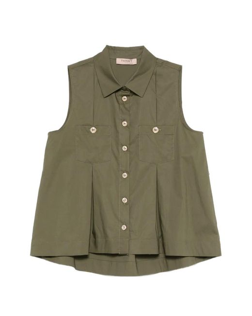 Twinset Green Pleated Patch-Pocket Shirt