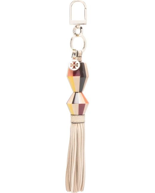 Tory Burch White Striped Tassel Keyring