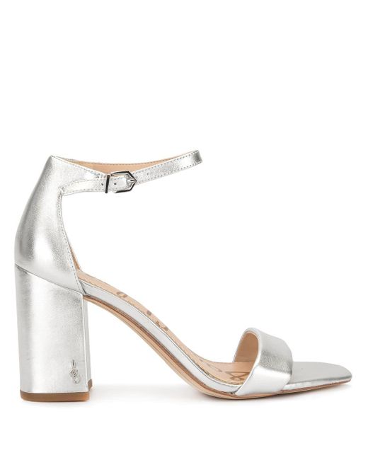 silver metallic block heel sandals
