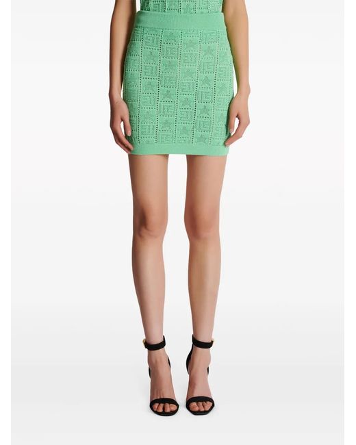 Balmain Green Pointelle-Knit Monogram Miniskirt