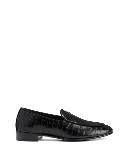 Giuseppe Zanotti Black Crocodile Metal Logo Loafers for men