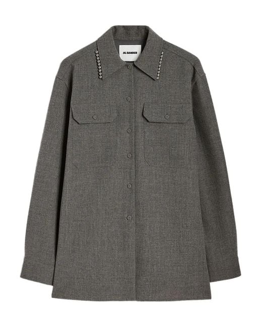 Jil Sander Button-Up Blouse Verfraaid Met Parels in het Gray