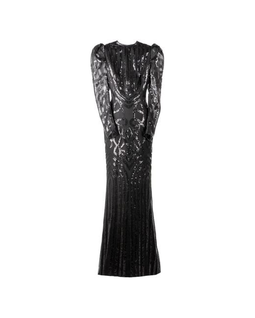 Gemy Maalouf Black Sequin-Embellished Puff-Sleeve Dress