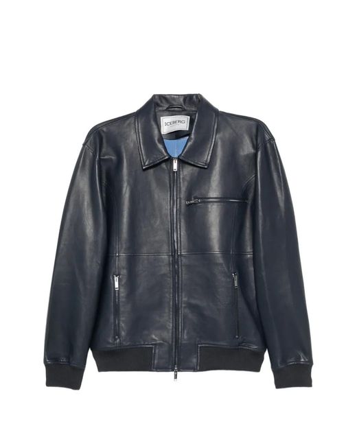 Iceberg Blue Zip-Up Leather Jacket for men