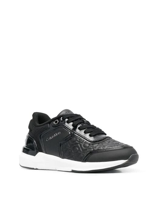 Calvin Klein Black Leather Monogram-Pattern Sneakers