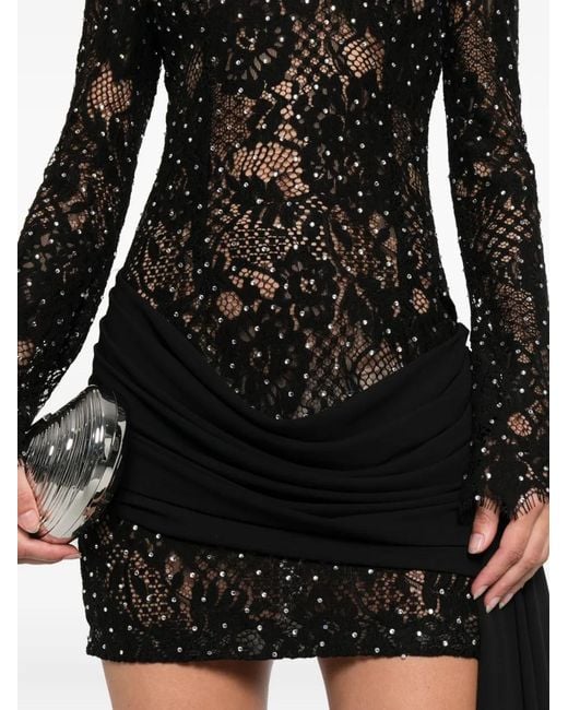 Nissa Black Rhinestone-Embellished Lace Mini Dress