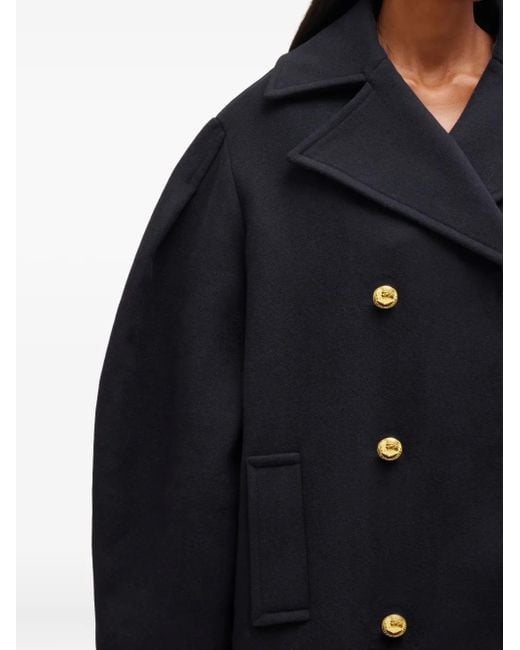 Ganni Blue Wool-Blend Double-Breasted Peacoat