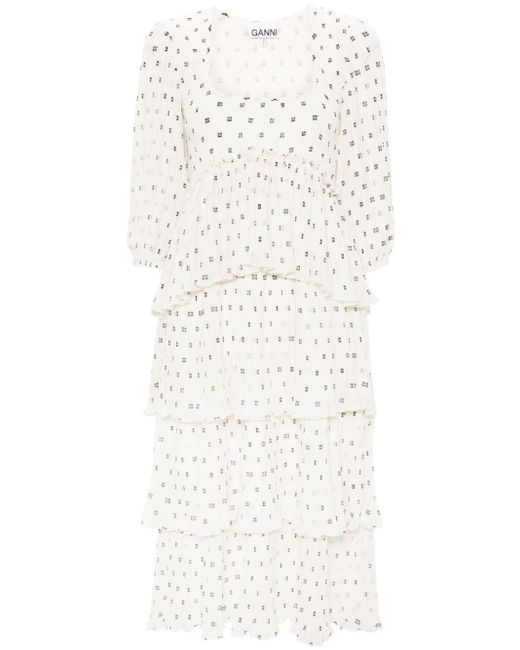 Ganni White Monogram-print Pleated Midi Dress