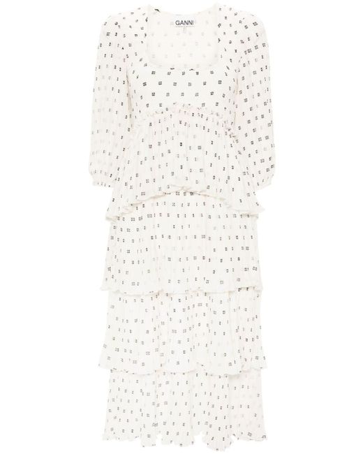 Robe courte plissée à motif monogrammé Ganni en coloris White