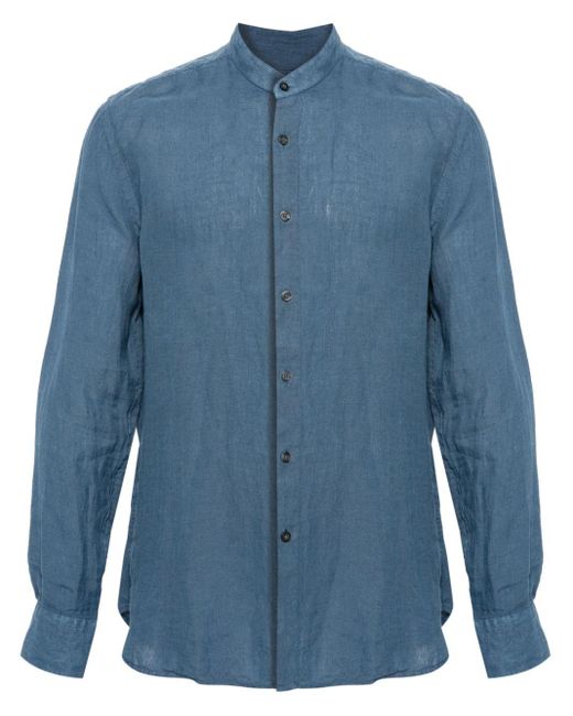 120% Lino Blue Band-collar Linen Shirt for men