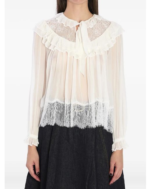 Self-Portrait White Georgette Lace Ruffled Blouse
