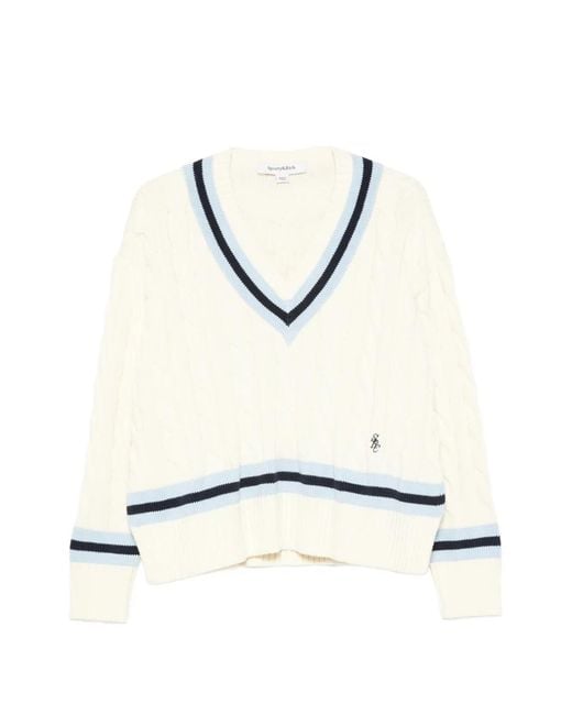 Sporty & Rich White Idora Cable-Knit V-Neck Sweater