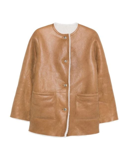 Maje Brown Shearling-Trim Leather Coat
